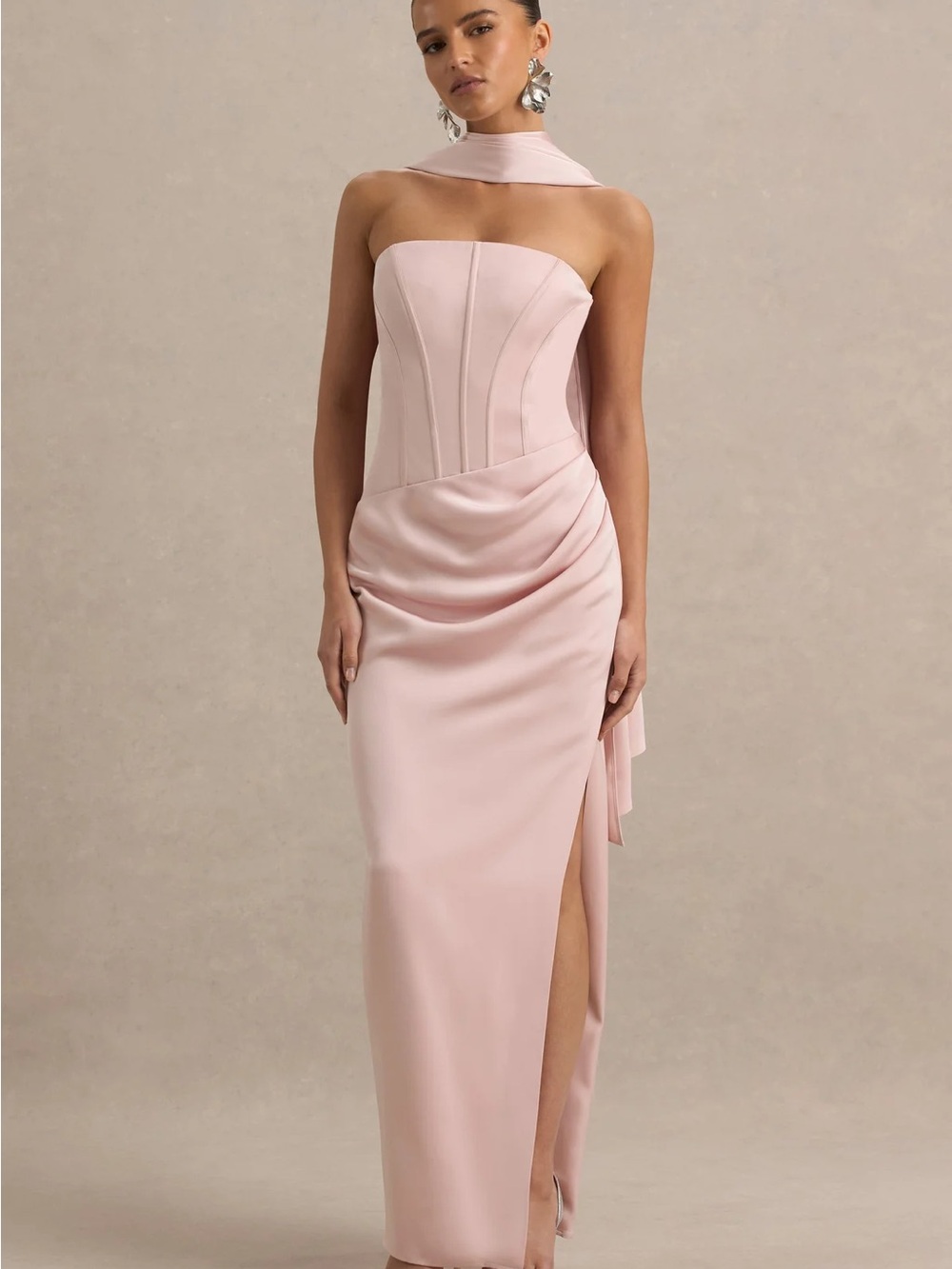 JOSELINE Pale Pink Satin Corset Wrap Maxi Dress With Scarf